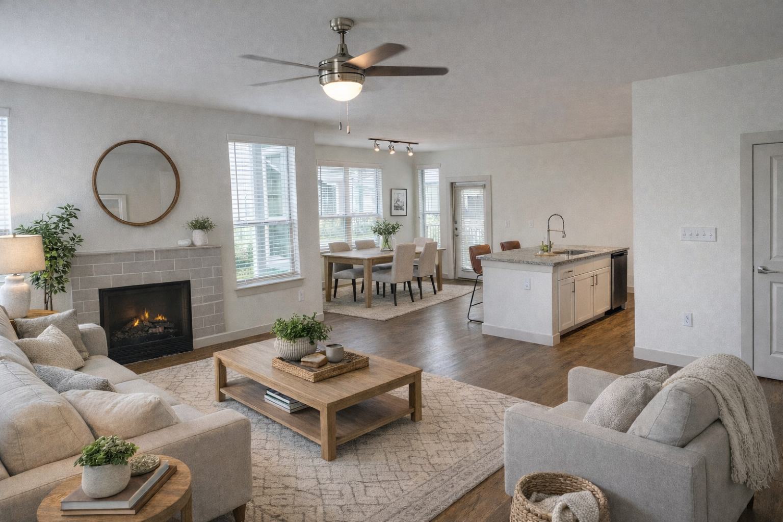 Modern townhome living room with open floor plan at Home at Waller in Waller, Texas